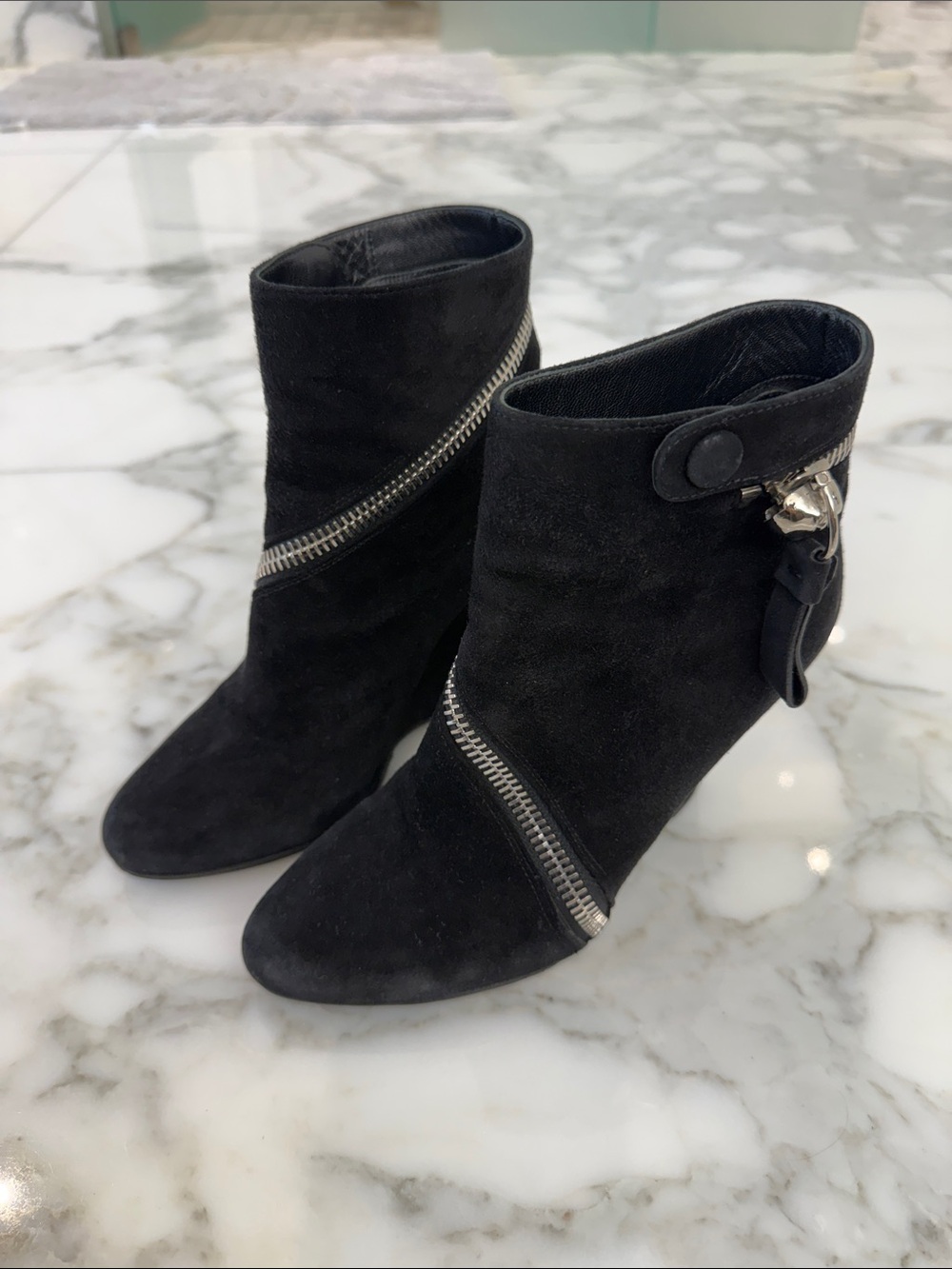 Alexander McQueen Black Suede Ankle Boots with Diagonal Silver Zip and Buckle